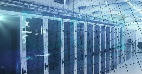 Image of data processing and stagflation text over server room Stock Illustration