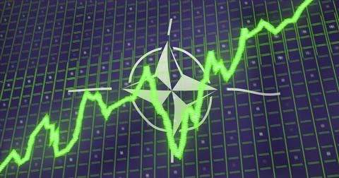 Image of data processing and stagflation text over flag of nato Stock Illustration