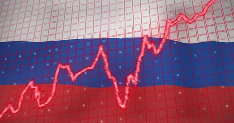 Image of data processing and stagflation text over flag of russia Stock Illustration