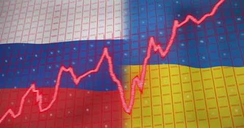 Image of data processing and stagflation text over flags of russia and ukraine Stock Illustration