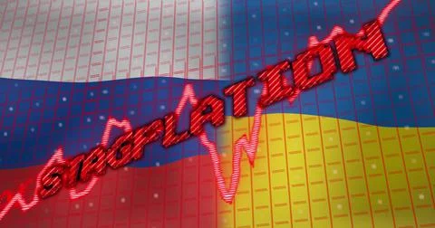 Image of data processing and stagflation text over flags of russia and ukraine Stock Illustration