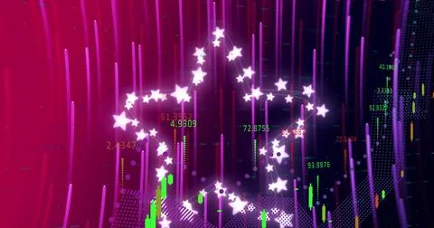 Image of data processing and stars over light trails on purple background 写真素材