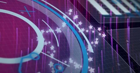 Image of data processing and stars over light trails on purple background Stock Photos
