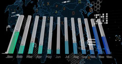 Image of data processing and statistics on dark background Illustrazione stock