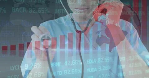 Image of data processing and statistics over female doctor with stethoscope 스톡 일러스트
