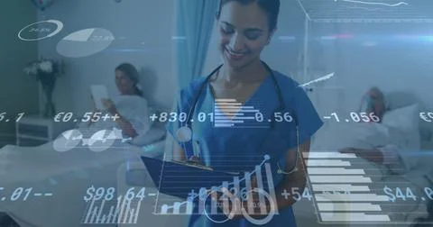 Image of data processing and statistics over female doctor with clipboard 스톡 일러스트