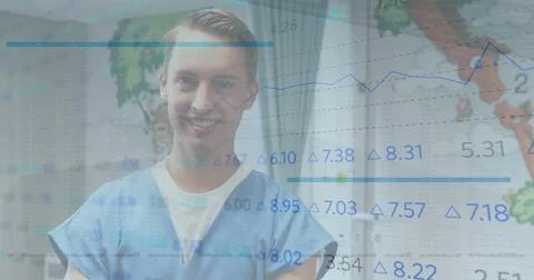 Image of data processing and statistics over smiling male doctor in scrubs 스톡 일러스트