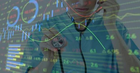 Image of data processing and statistics over female doctor with stethoscope Stock Illustration