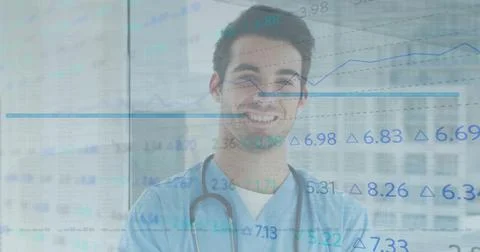 Image of data processing and statistics over male doctor with stethoscope 스톡 일러스트