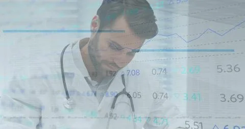 Image of data processing and statistics over male doctor with stethoscope 스톡 일러스트