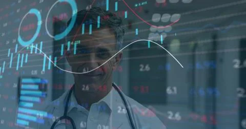 Image of data processing and statistics over male doctor with stethoscope Illustrazione stock