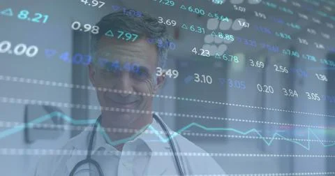 Image of data processing and statistics over male doctor with stethoscope 스톡 일러스트