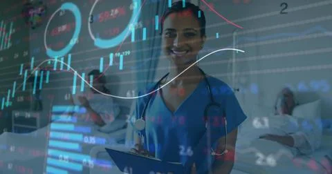 Image of data processing and statistics over female doctor with stethoscope Stock Illustration