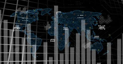 Image of data processing and statistics over world map Illustrazione stock
