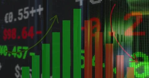 Image of data processing and statistics recording over green lights of computer Foto stock
