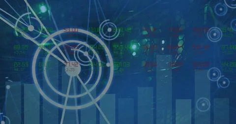 Image of data processing and statistics recording over green lights of computer Stock Photos