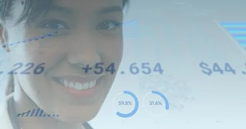 Image of data processing and statistics over female doctor with stethoscope Foto stock