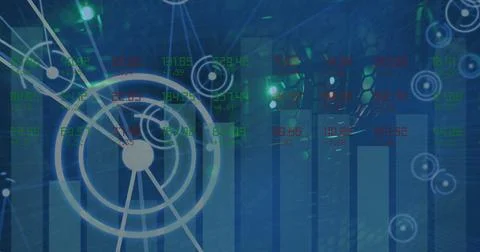 Image of data processing and statistics recording over green lights of computer Foto stock