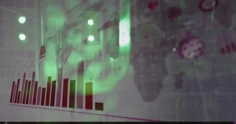 Image of data processing and statistics recording over green lights of computer Foto stock
