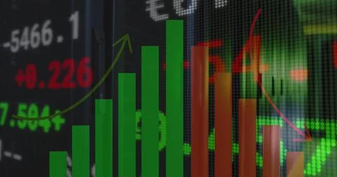 Image of data processing and statistics recording over green lights of computer Foto stock