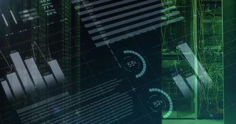 Image of data processing and statistics recording over green lights of computer Stock Photos