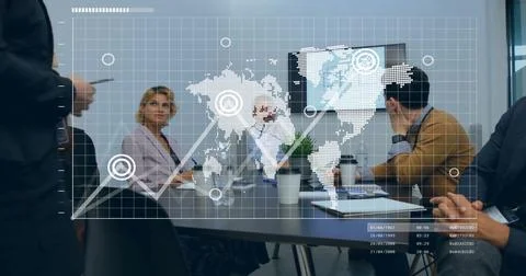 Image of data processing and statistics over diverse businesspeople in office 写真素材