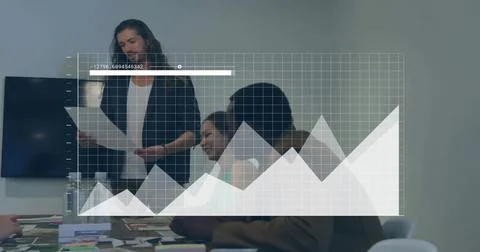 Image of data processing and statistics over diverse businesspeople in office 写真素材