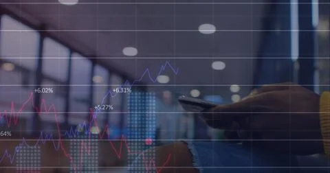 Image of data processing and statistics over strong man exercising Foto stock