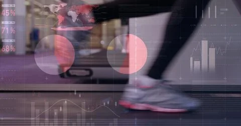 Image of data processing and statistics over strong man exercising Stock Photos