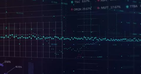 Image of data processing and statistics over grid on blue background Foto stock