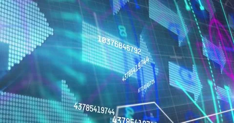 Image of data processing and statistics over grid on blue background Foto stock