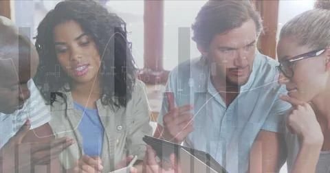 Image of data processing and statistics over diverse business people using Stock Photos