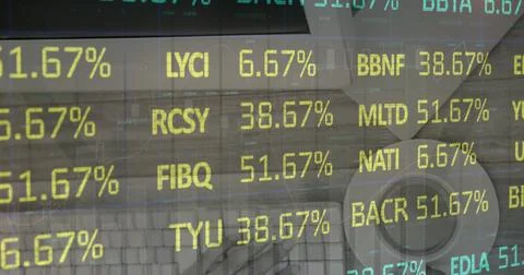 Image of data processing and stock market over hand using computer and cup of Foto stock