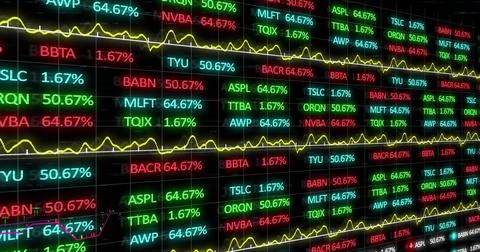 Image of data processing and stock market over black background Stockfoto's