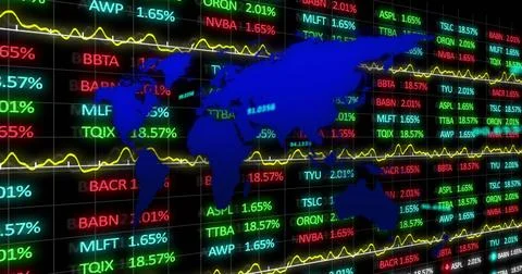 Image of data processing and stock market over world map on black background Stock Photos
