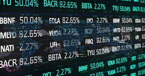 Image of data processing and stock market over world map on black background Stock Photos