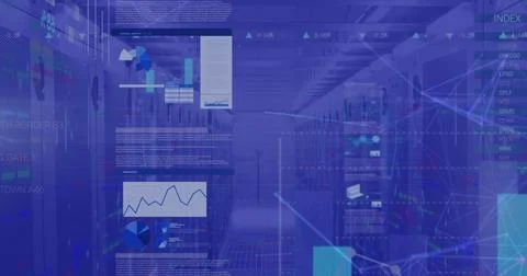 Image of data processing and stock market over shapes and server room Foto stock