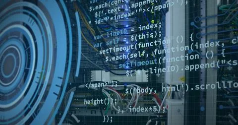 Image of data processing and text over server room 스톡 사진