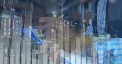 Image of data processing and traffic over man writing, working in warehouse Stock Photos