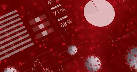 Image of data processing and virus cells on red background Illustrazione stock