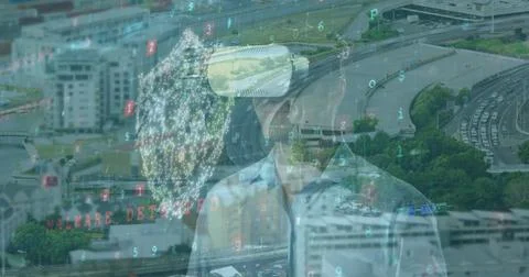 Image of data processing and virus warning over caucasian man in vr headset and Stock Photos