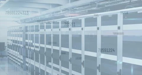 Image of data processing and wall icon over server room Illustrazione stock
