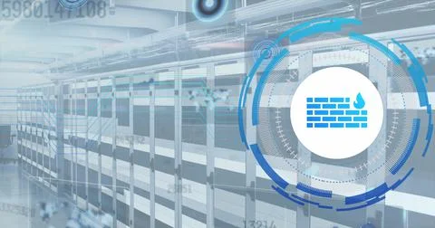 Image of data processing and wall icon over server room Illustrazione stock