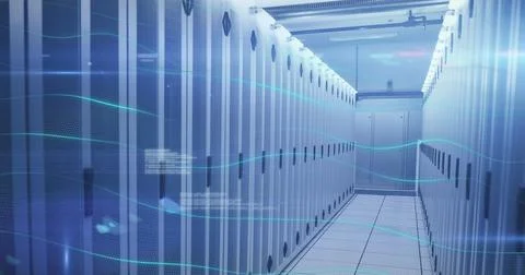 Image of data processing and waves moving over servers Stock Photos