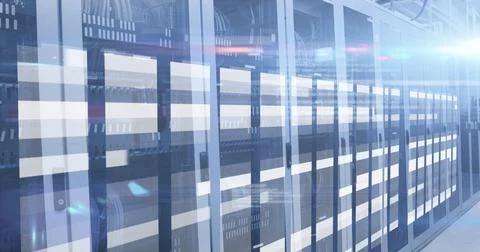 Image of data processing and white lines over server room Illustrazione stock