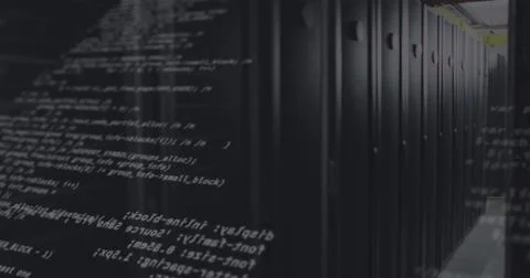 Image of data processing and white shapes over server room Stock Photos