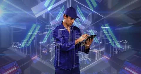 Image of data processing and white lines over man wearing vr headset Stock Photos