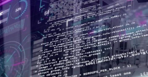 Image of data processing and world map over server room Illustrazione stock