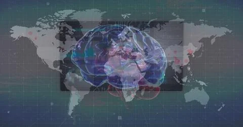 Image of data processing and world map over brain Stock Illustration