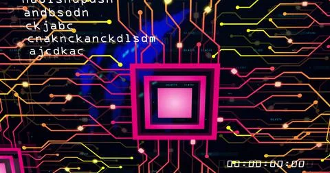 Image of data processing and world map on black background Illustrazione stock